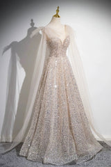 Champagne Tulle Sequins Long Prom Dress, Shiny A-Line Party Dress