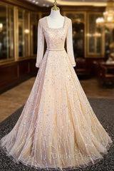Champagne Tulle Sequins Long Sleeve Prom Dresses