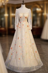 Champagne Tulle Sequins Long Sleeve Square Prom Dresses