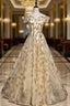 Champagne Tulle Sequins Off the Shoulder Long Prom Dresses