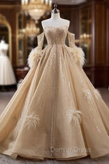 Champagne Tulle Sequins Prom Dresses With Detachable Sleeve