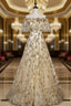 Champagne Tulle Sequins Short Sleeve Prom Dresses