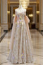 Champagne Tulle Sequins Strapless Appliques Prom Dres