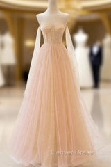 Champagne Tulle Sequins Strapless Prom Dresses