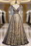 Champagne Tulle Sequins V-neck Beading Prom Dresses