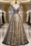 Champagne Tulle Sequins V Neck Beading Prom Dresses