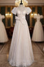 Champagne Tulle Sequins V Neck Bow Prom Dresses