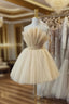 Champagne Tulle Short A Line Prom Dress, Lovely Strapless Prom Dresses