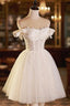 Champagne Tulle Short A Line Prom Dress, Off the Shoulder Prom Dresses