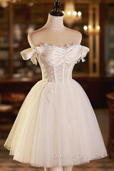 Champagne Tulle Short A-Line Prom Dresses, Off the Shoulder Evening Party Dresses