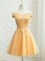 Champagne Tulle Short Lace Applique Bridesmaid Dress, Short Prom Dress Homecoming Dresses