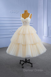 Champagne Tulle Short Prom Dresses with Beaded, A-Line Tea Length Party Dresses