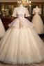 Champagne Tulle Short Sleeve Flower Sequins Quinceanera Dresses