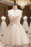 Champagne Tulle Spaghetti Straps Appliques Homecoming Dresses