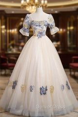 Champagne Tulle Square Neck Short Sleeve Quinceanera Dresses