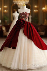 Champagne Tulle Strapless Burgundy Velvet Prom Dresses