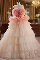 Champagne Tulle Strapless Tiers Prom Dresses
