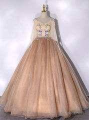 Champagne Tulle Straps Appliques Quinceanera Dress