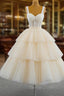 Champagne Tulle Straps Tiers Beading Short Prom Dresses