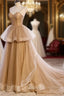 Champagne Tulle Sweetheart Straps Long Ball Gown Prom Dresses, Champagne Party Dresses