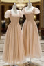Champagne Tulle Tea Length Prom Dresses, Cute Short Sleeve Evening Dresses