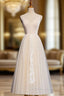 Champagne Tulle V Neck Backless Appliques Prom Dresses