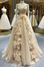 Champagne Tulle V-neck Beading Prom Dresses