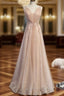 Champagne Tulle V Neck Beading Sequins Prom Dresses