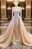 Champagne Tulle V-neck Long Sleeve Prom Dresses With Detachable Train