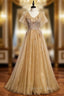 Champagne Tulle V Neck Short Sleeve Beading Prom Dresses