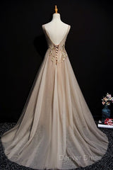 Champagne Tulle V-Neckline Long Lace Prom Dresses, A-Line Formal Gown Party Dresses