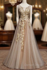 Champagne Tulle V-Neckline Long Lace Prom Dresses, A-Line Formal Gown Party Dresses