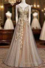 Champagne Tulle V-Neckline Long Lace Prom Dresses, A-Line Formal Gown Party Dresses