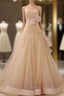 Champagne Tulle With Flower Strapless Backless Wedding Dresses