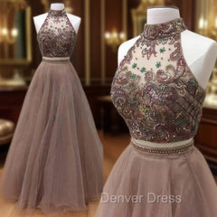 Champagne Two Pieces Beads Long Prom Dresses, Evening Dresses
