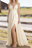 Champagne V Neck Chiffon Floor Length Bridesmaid Dress Long Bridesmaid Dresses With Pleated Split
