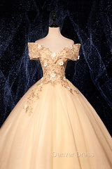 Champagne V-Neck Lace Long Ball Gown, Off the Shoulder Formal Evening Dresses