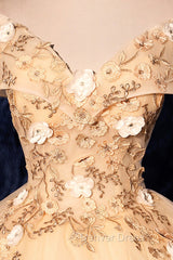 Champagne V-Neck Lace Long Ball Gown, Off the Shoulder Formal Evening Dresses