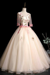 Champagne V-Neck Lace Long Prom Dress, A-Line 1/2 Sleeves Evening Party Dress