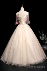 Champagne V-Neck Lace Long Prom Dress, A-Line 1/2 Sleeves Evening Party Dress