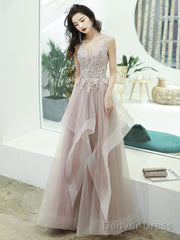 Champagne V Neck Lace Long Prom Dresses, Champagne Formal Graduation Dress