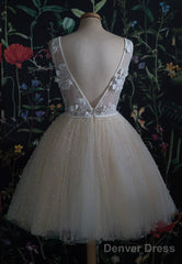 Champagne V-Neck Lace Short Prom Dresses, A-Line Mini Party Dresses