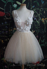Champagne V-Neck Lace Short Prom Dresses, A-Line Mini Party Dresses