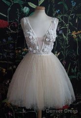 Champagne V-Neck Lace Short Prom Dresses, A-Line Mini Party Dresses