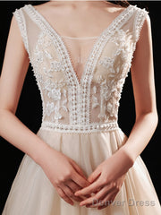 Champagne V Neck Lace Tulle Long Prom Dress, Champagne Evening Dress