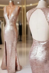 Champagne V Neck Sequin Open Back Long Prom Dresses