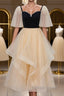 Champagne V Neck Tea Length Prom Dress, Tea Length Prom Graduation Dresses
