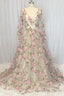 Champagne V Neck Tulle 3D Flowers Long Prom Dress Champagne Prom Dresses