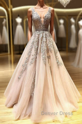 Champagne v neck tulle lace beads long prom Dresses tulle formal Dresses
