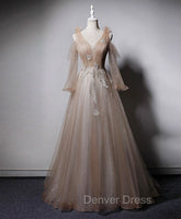 Champagne V Neck Tulle Lace Long Prom Dresses, Champagne Formal Evening Dresses
